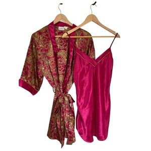 Vtg Kathryn Satin Paisley Robe Nightgown Set Size M Fuchsia Gold Belted Lounge